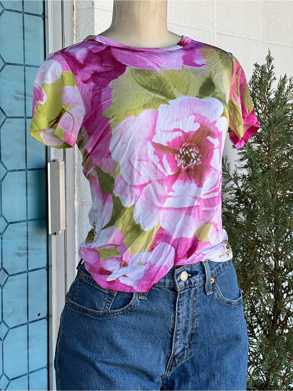 Floral Print Short Sleeve Tee - Pink & Green